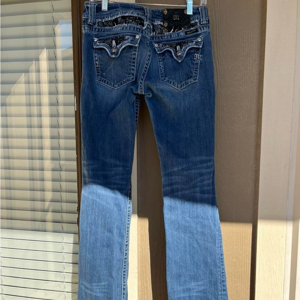 SOLD—Y2K Miss Me Bootcut Jeans Size 30 Black Lace & Rhinestone Flap Pockets